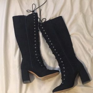 Calf High Lace Up Thick Heeled Boots